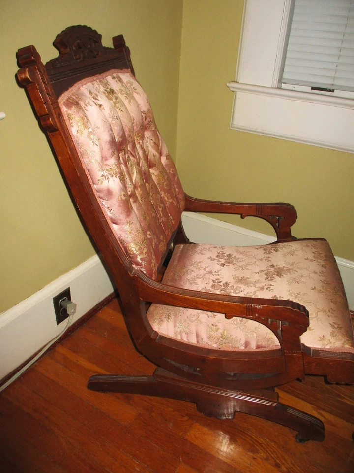 Antique Eastlake Ornate Victorian Walnut Platform Rocker Pink Fabric w/ Flowers - Image 2 of 4