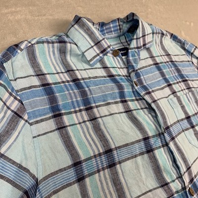 Tommy Bahama Linen Shirt Mens Large Blue Plaid Beach Hawaiian Button Up Vacation