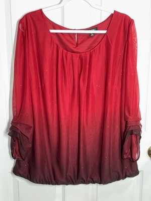 Roz & Ali Top Womens 2X Red Ombré Christmas Shimmer Holiday Party Sparkly