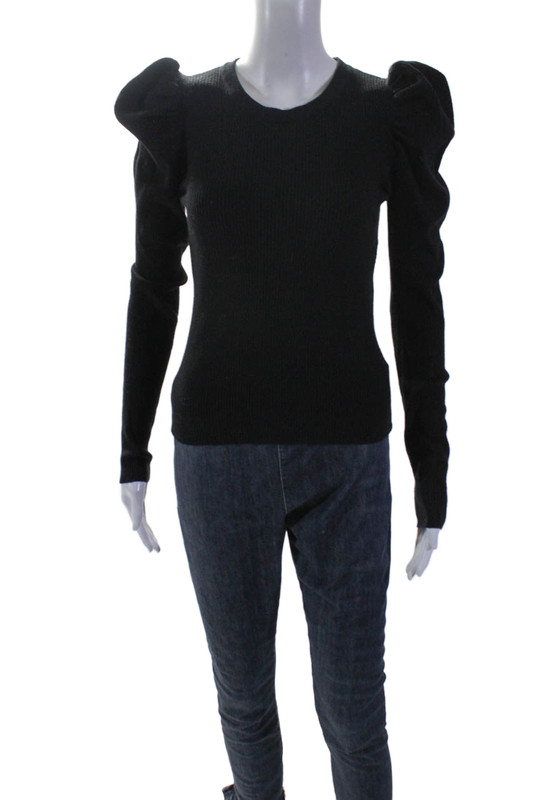 Robertson + Rodeo Womens Ribbed Long Puff Sleeve Blouse Black Size S/M