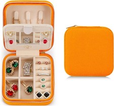 Plush Velvet Travel Jewelry Case Organizer Small Box with Mirror Orange
