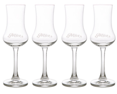 4x Orig. Prinz-Schnapskelch: Schnaps Gläser mit Prinz-Gravur und Eichstrich