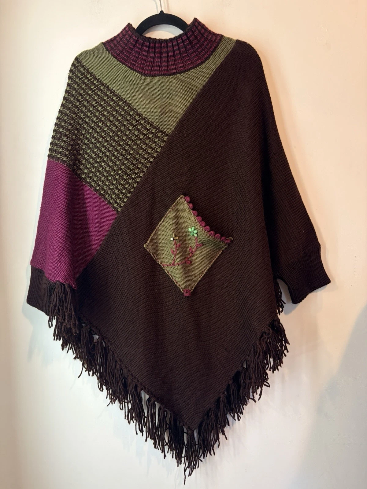 Handmade Knit Poncho Fringe Patchwork Boho Cottagecore Sweater Wrap One Size