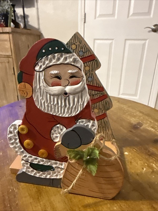 Wood Santa Claus Napkin Holder Hand Painted/ Embossed Christmas Tree Back