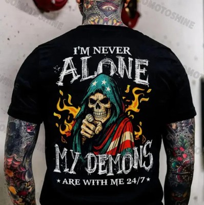 I'M NEVER ALONE MY DEMONS ARE WITH ME USA Flag Skeleton Print Men's T-shirt 9