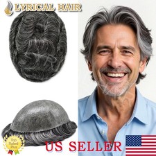 US Mens Toupee All Poly PU Skin Human Hair Replacement System Durable Hairpiece