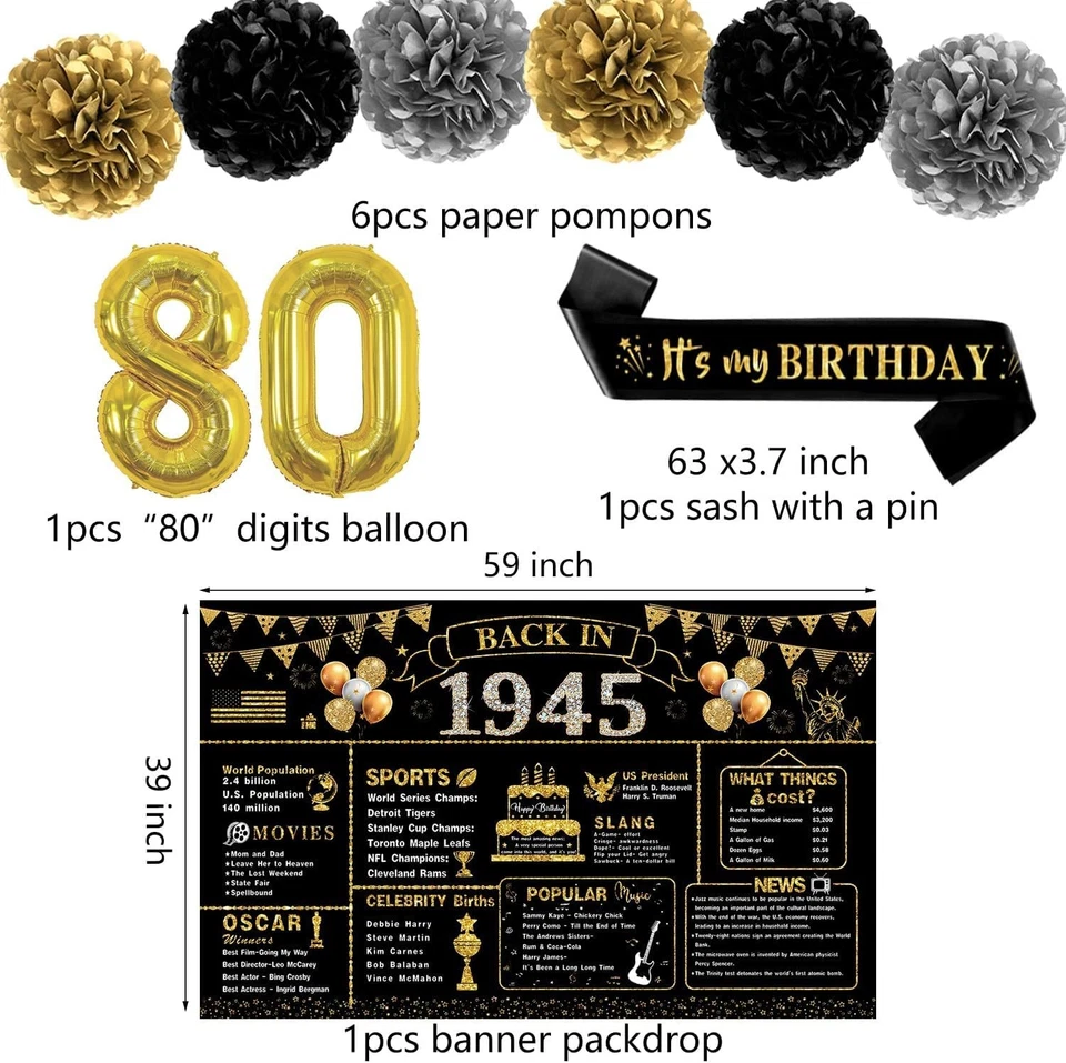 Decoraciones de cumpleaños 80 para hombre mujer, 22 piezas en 1945 oro negro 1945  Foto 3 de 4