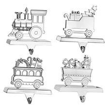  Stocking Holder - Christmas Train Stocking Hanger for Mantel - Set of 4 Silver