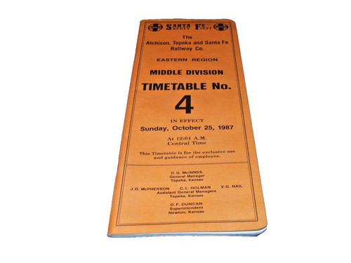 OCTOBER 1987 ATSF SANTA FE MIDDLE DIVISION EMPLOYEE TIMETABLE #4 ORANGE