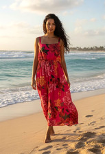 Farm Rio Tiered Maxi Dress Sz M Pink Vibrant Floral Boho Free Spirited Feminine