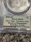 2020 P Silver Eagle Emer Issue PCGS MS 70 FDOI SIGNED THOMAS CLEVELAND 040219