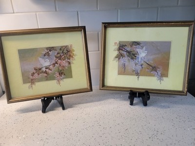 2 vintage framed in glass prints by J.Cheng of white doves on a flowering...