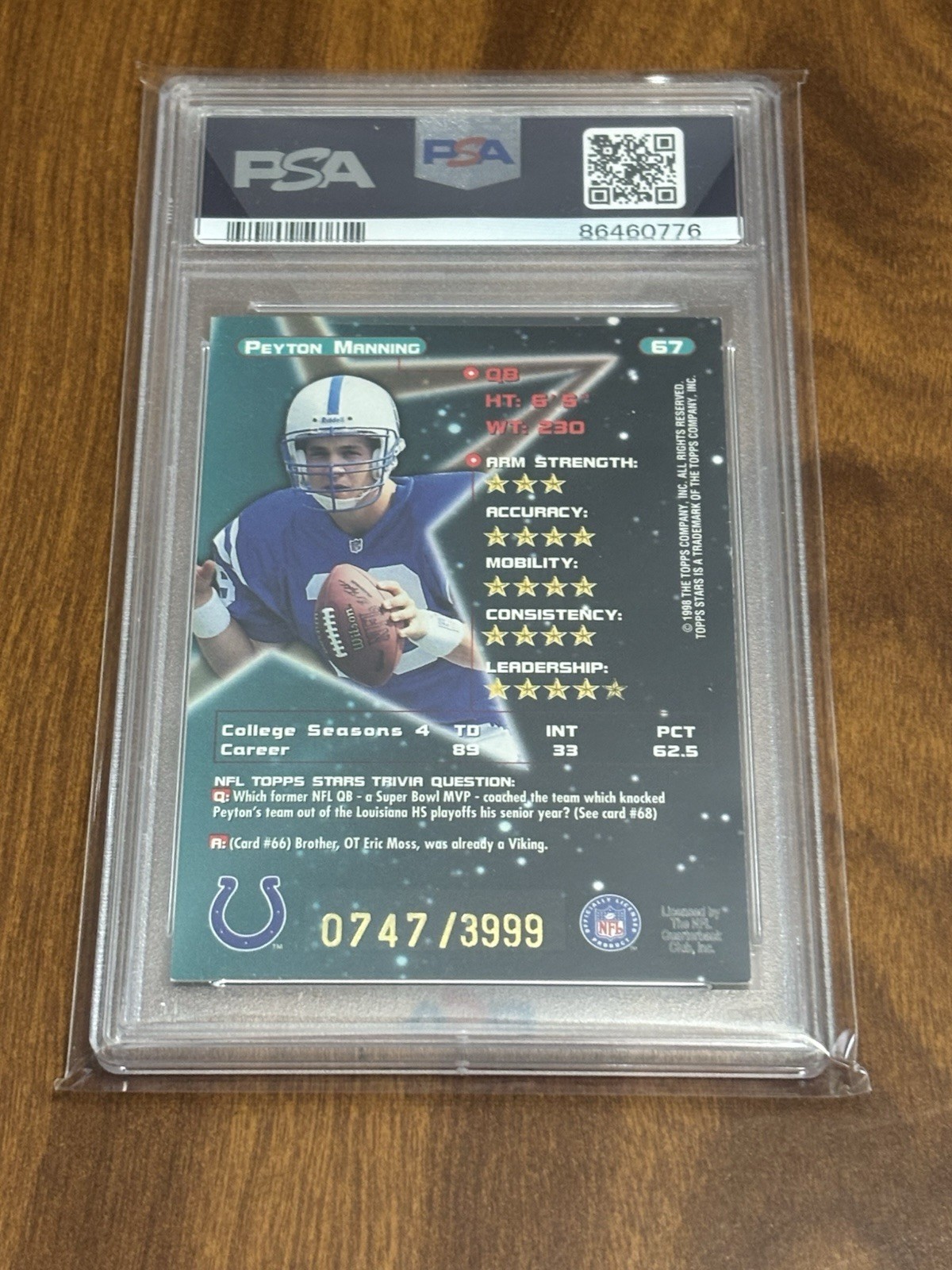 1998 Topps Stars - Peyton Manning #67 Silver /3999 Psa 7 view 2