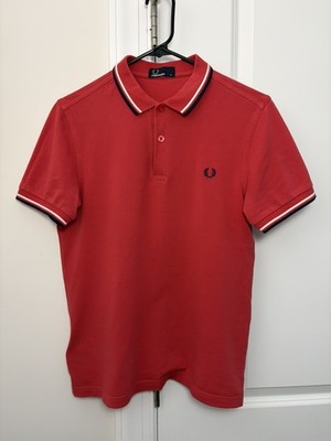 Fred Perry Polo shirt M3600 Light Red with White & Navy Blue tips Men Size Small
