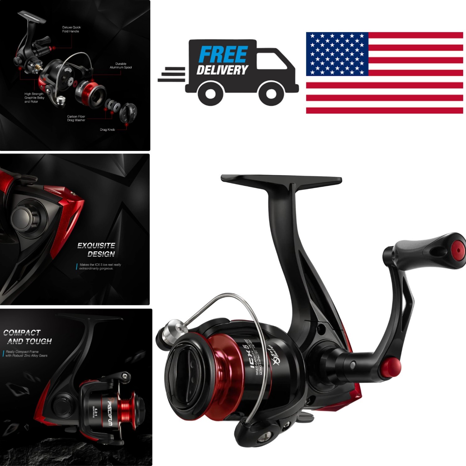 Lightweight Ice Fishing Spinning Reel 5.9oz Graphite Body with Foldable Handle