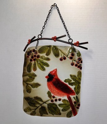 hand painted glass cardinal red bird & red berries suncatcher, 9'' X 7''