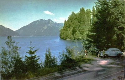 Lake Crescent Scenic View with Car, c1950, Washington, Union Oil Company, Nature