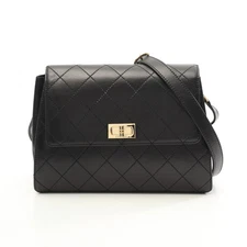 CHANEL 2.55 Matelassé Shoulder Bag Lambskin Black Gold Hardware #RC934