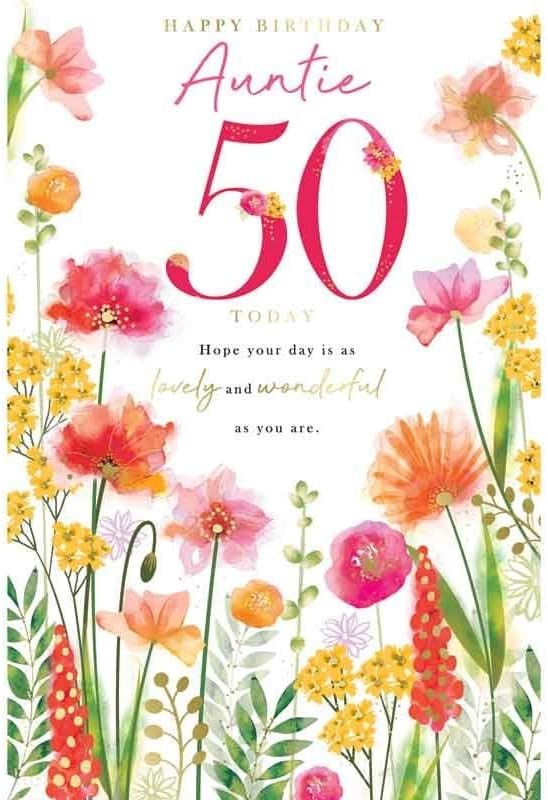 Auntie 50th Birthday Card. Floral Design. 23x15cm