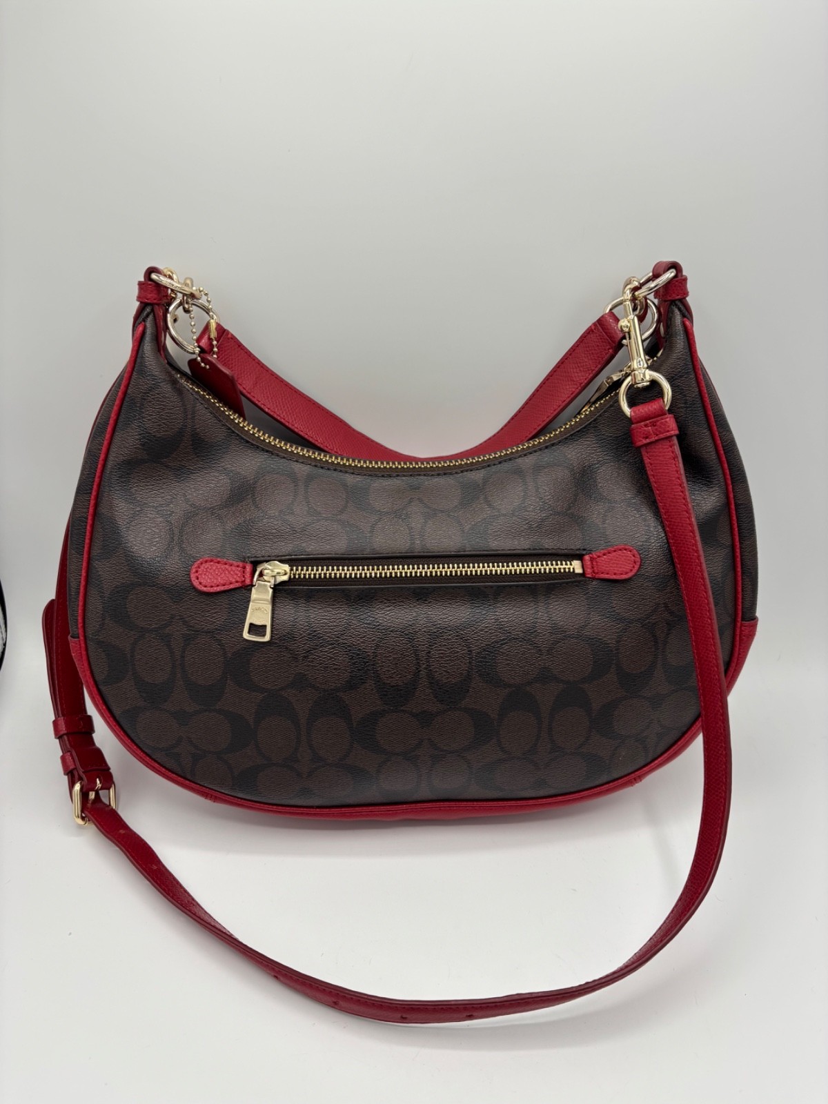 Red & Brown Signature Coach Hobo Crossbody Handbag - Gem