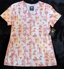 Dickies Medical Pink Red Orange White Ladies Scrub Top V Neck size Small