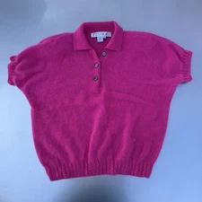80s Lambswool Angora hot pink short-sleeved polo sweater CLAUS Size Medium Vtg