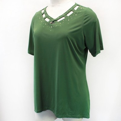 Quacker Factory Plus rhinestones green V-neck shirt blouse top 1X