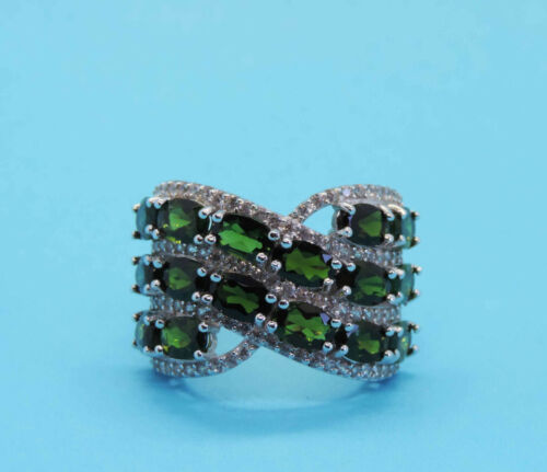 Genuine Oval Green Chrome Diopside Gemstone Ring w/ Zircon - Sterling Silver - Picture 1 of 4