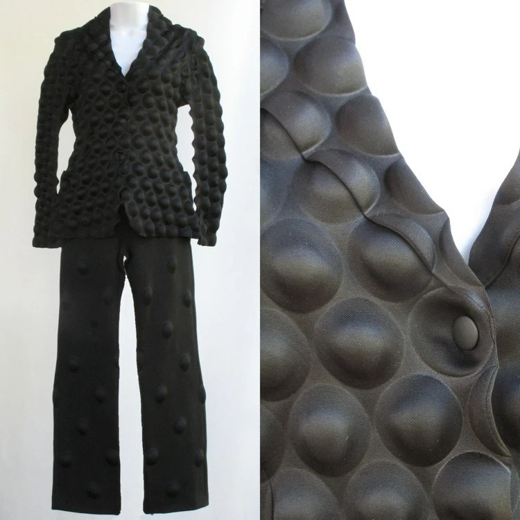 Issey Miyake Egg Crate Black Suit 2pc Jacket Coat Pants 3D Op Art Embossed S/2
