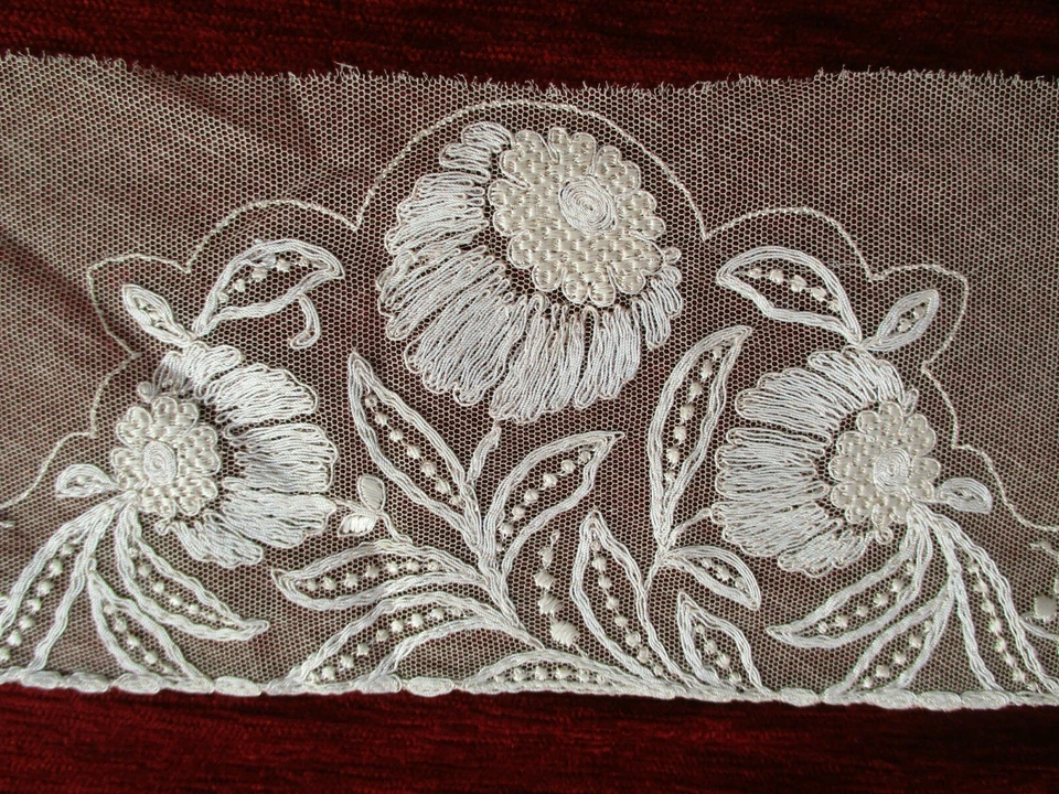 Haut de combinaison broderie sur tulle ancien 1925-1930 rose pâle 1,05 m x 12 cm - Photo 4/4