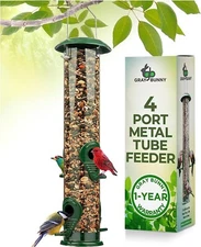 GRAY BUNNY METAL BIRD FEEDER, 4-PORT WILD BIRD FEEDERS FOR OUTDOOR HANGING, 15"