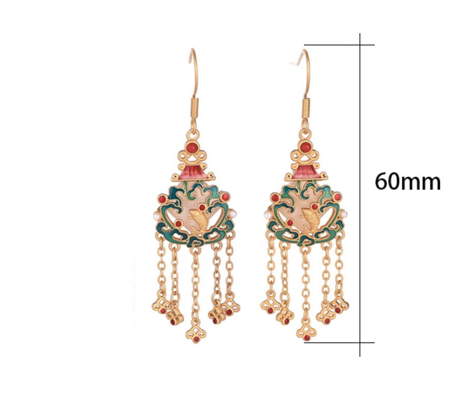 Jade Cloisonne Bohemian Drop Dangle Earrings Ethnic Tassel Hook 18K Gold Plated Foto 3 de 4