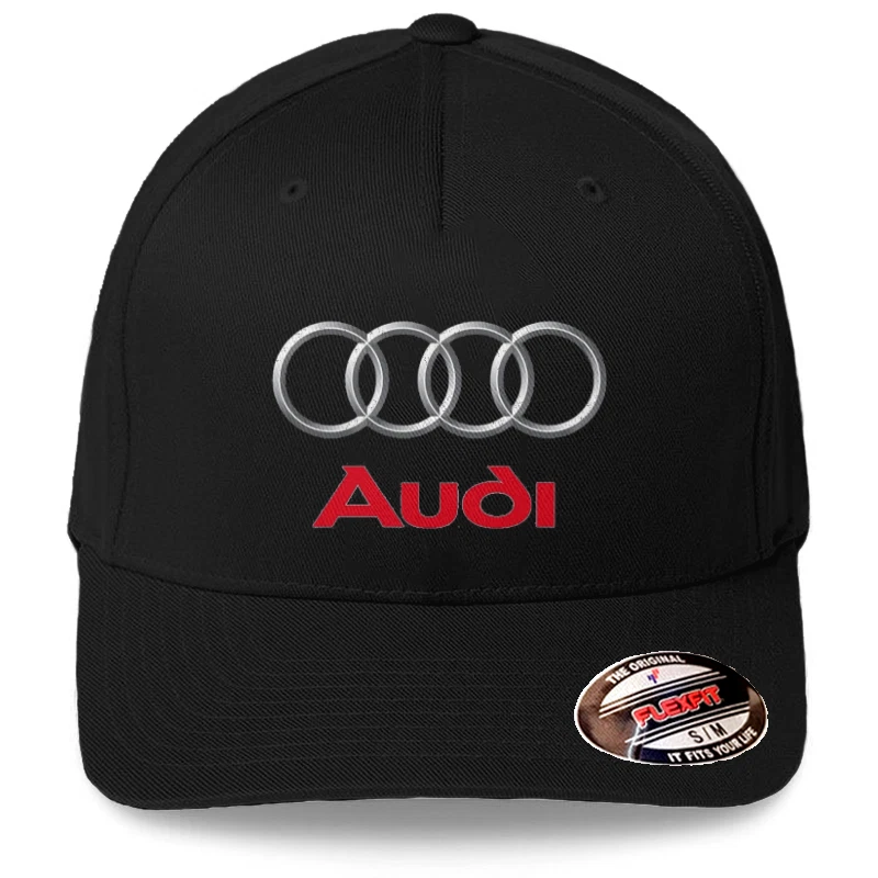 Audi Car Auto Logo on Black Hat Flexfit Baseball Cap Printed Emblem S/M &  L/XL