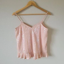 ANTHROPOLOGIE Amelie Pink Sequin Cami Size 0 Beaded Ruffle Sleeveless XS Boxy