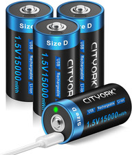 4 Pack D Batteries, 15000Mah USB Rechargeable D Cell Lithium Batteries with 4 in