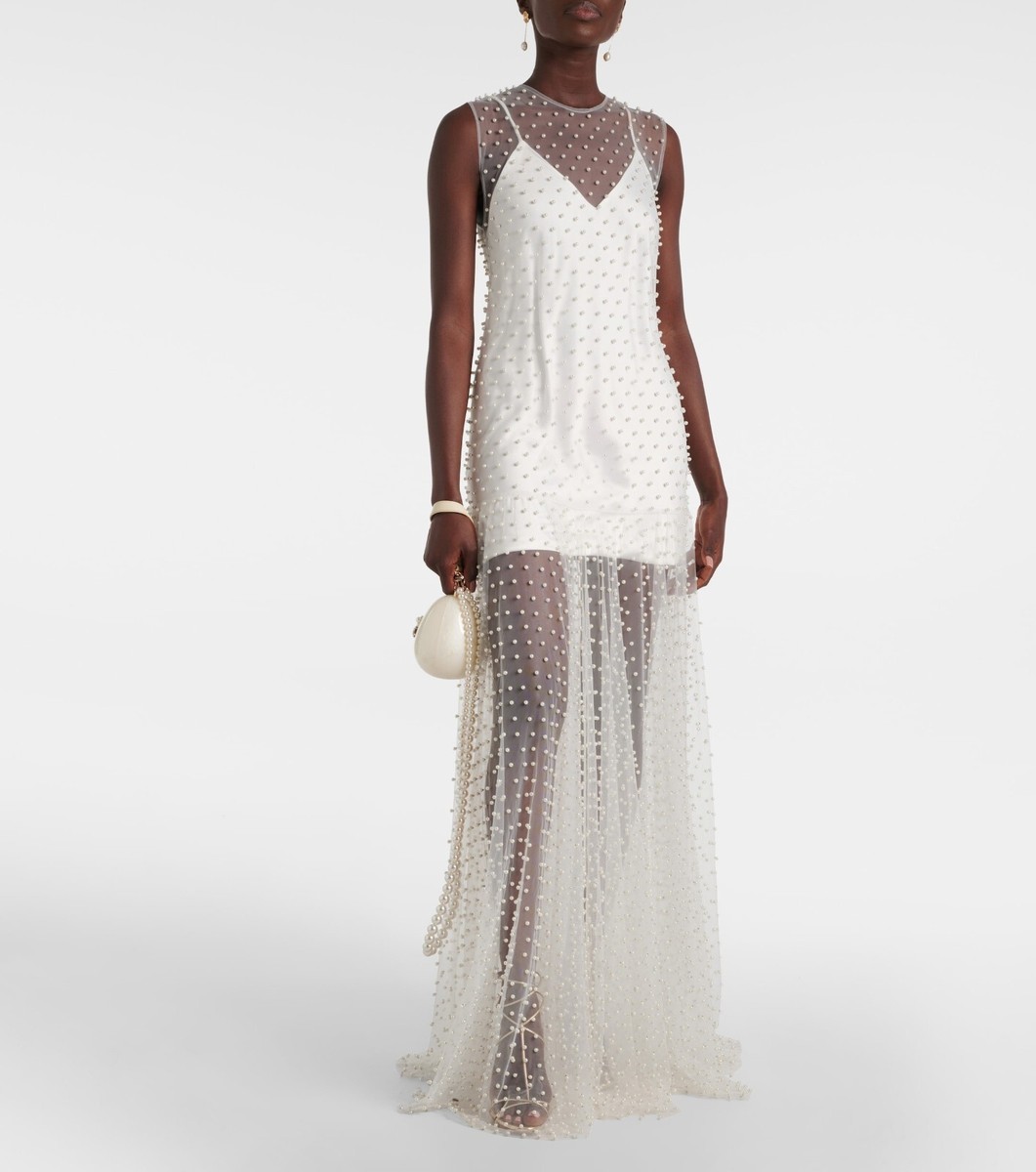 white beaded dress 1920s Hand BeadedSheer Bridal Vintage Flapper Pearl Overlay Women's Sleeveless Satin Lace Maxi A-Line Linen Dress Size:12 Medium This 1920s White Flapper