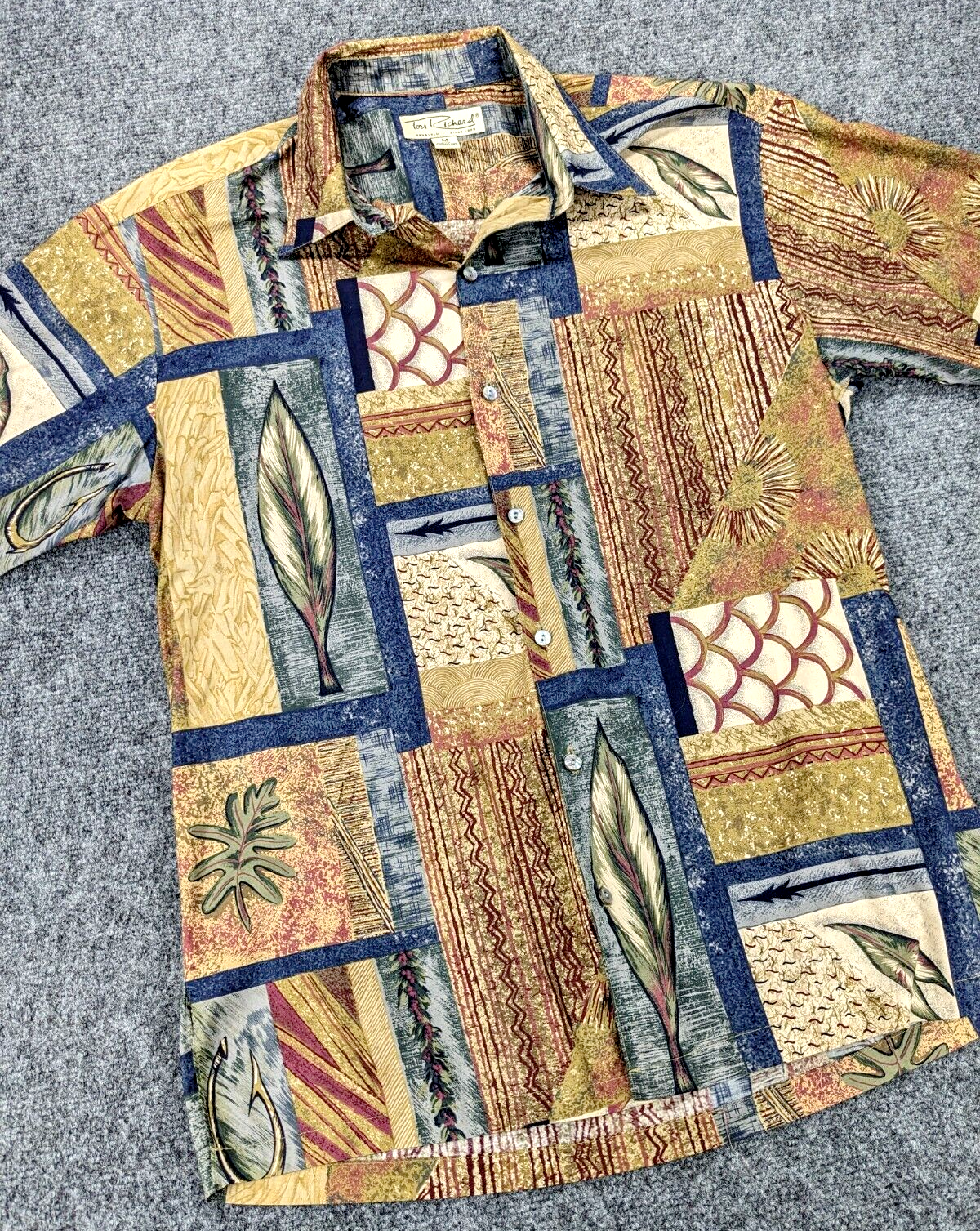 Tori Richard Mens Shirt Medium Brown Hawaiian Geometric Floral Cotton Lawn USA