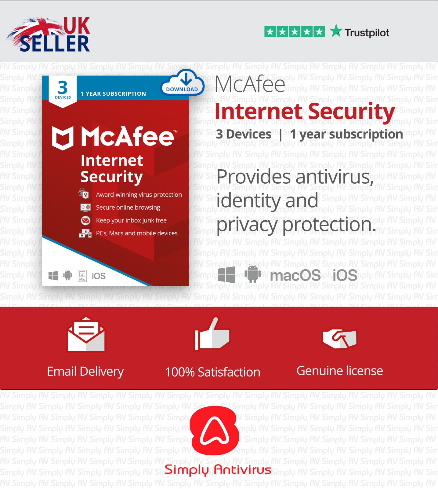 McAfee Internet Security Antivirus 2022 3 Devices 1 Year 5 Minute EMAIL Delivery