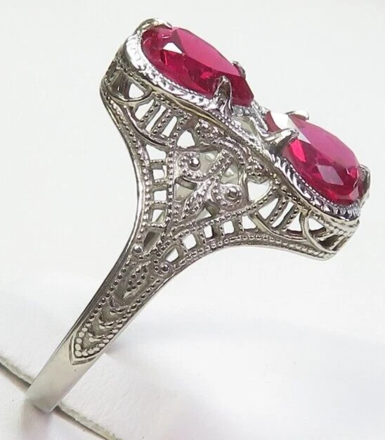 Antiguo anillo de filigrana de oro Ostby Barton piedras rojas de 1920 9KW tamaño 7,5 UK-O1/2 Foto 4 de 4