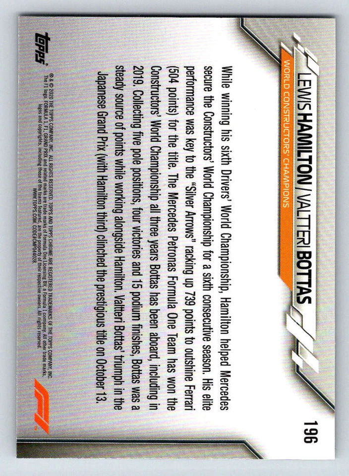 2020 Topps Chrome Formula 1 #196 Lewis Hamilton/Valtteri Bottas (ref 188921) - Image 2 of 2