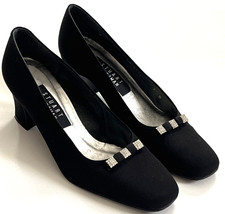STUART WEITZMAN Black Satin Pumps Rhinestone Bow Shoes Block Heel Womens 7B