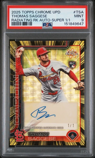 2025 Topps Chrome Update Radiating Rookies Thomas Saggese Superfractor 1/1 PSA 9