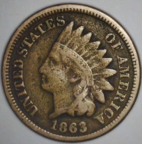 1863 INDIAN HEAD CENT VF Detail Copper Nickel Historic Civil War Penny Coin DT3