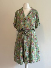 Joanie Dress Women's UK 22 Green Floral Tea Short Sleeve Button Tie Waist Summer