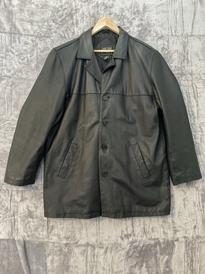 Junction West Leather Jacket Mens Size L Black Long Coat Outdoor Button Classic