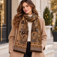 Vintage Sacred Threads Floral Tapestry Scarf Womens Brown Wool Blend Boho Chic