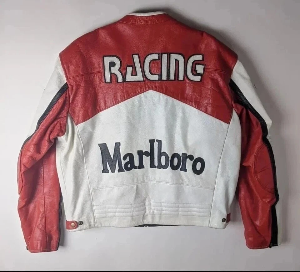 Vintage Style Racing Jacket Red & White Edition Cowhide Leather Biker Jacket image 3