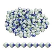 100Pcs 8mm Round Ceramic Porcelain Beads, Green Blue Spotted
