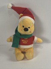 Vintage Walt Disney WINNIE THE POOH BEAR W/ SANTA HAT  SCARF 8" Plush Christmas