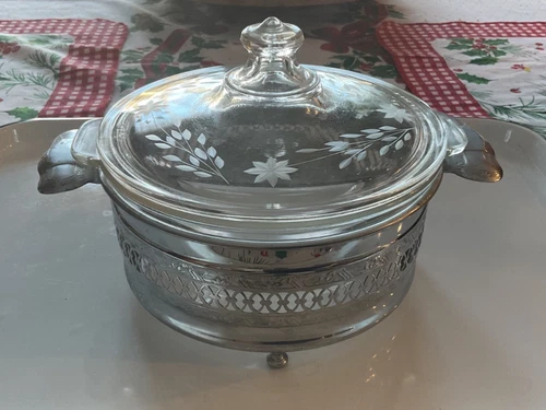 Antique Etched Round Casserole Pyrex Dish with Lid, & Etched Chrome Holder